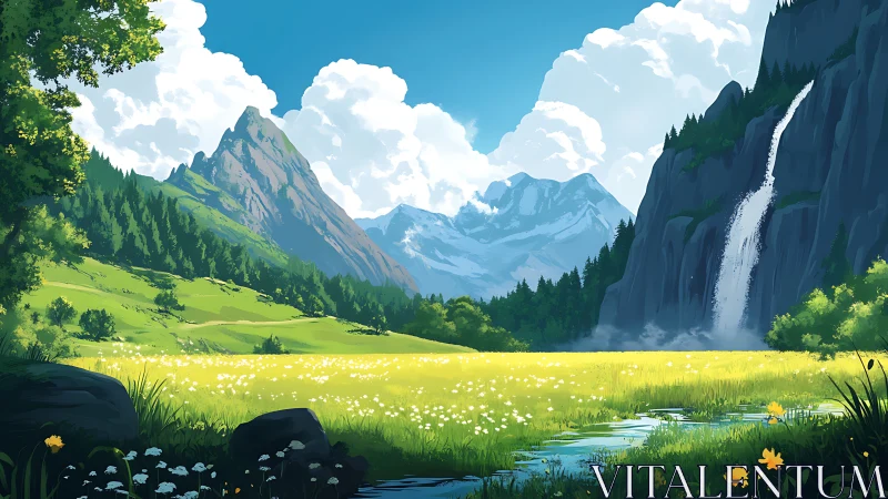 Sunlit mountain meadow with bright waterfall and soft clouds.