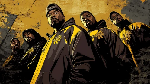 Hip-hop group stands united under gritty golden backdrop