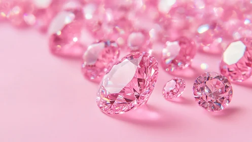 Photorealistic pink gemstones on pastel surface in shallow focus.
