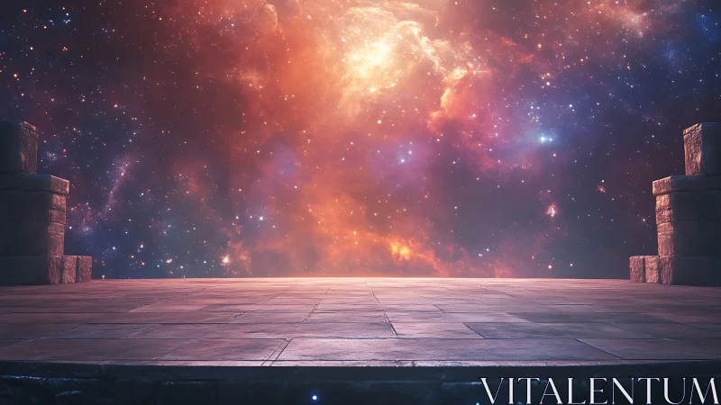 Starlit stone terrace opening onto a glowing cosmic sky.