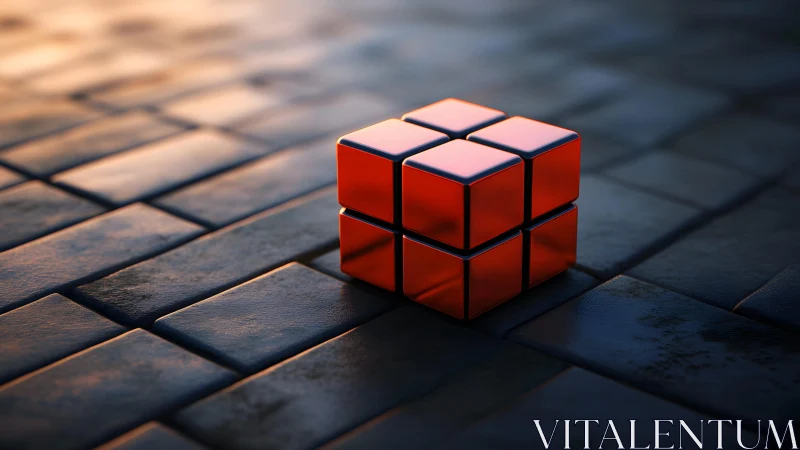 Red mirrored cube on wet stone tiles in warm light.