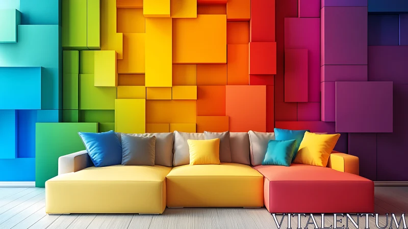 Modular sofa anchors a vivid geometric rainbow accent wall