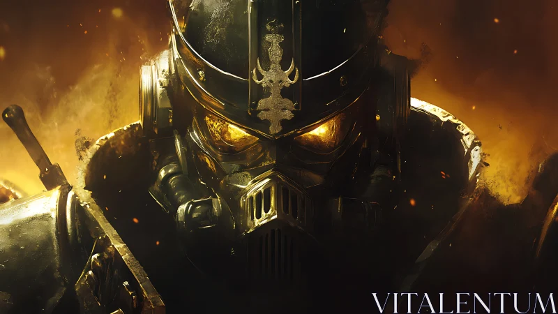 Armored sci fi soldier in helmet amid intense orange glow.