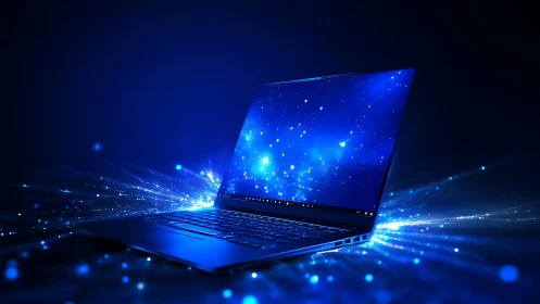 Sleek laptop emits vivid blue digital light in dark space