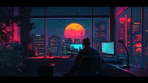 Night coder gazes at neon city skyline under glowing moon
