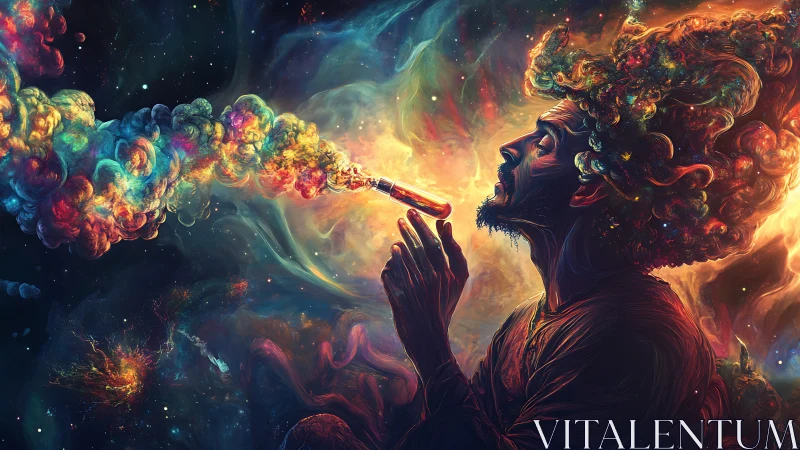 Cosmic dreamer exhaling galaxies of color and light.