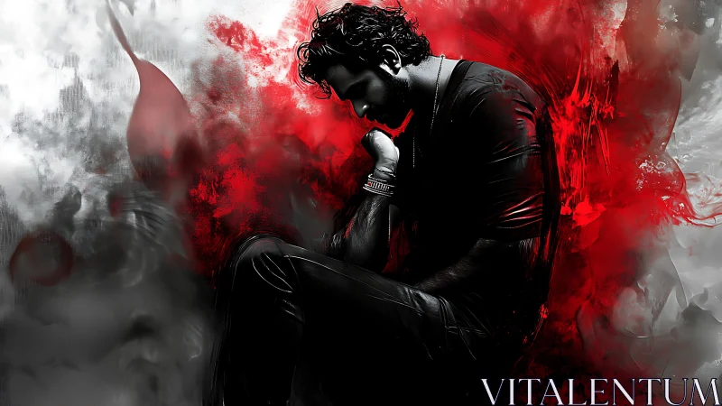 Brooding figure surrounded by swirling red emotions.