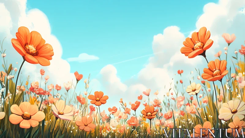 Orange wildflower field stretches under bright summer sky