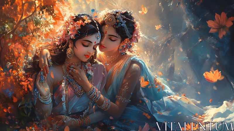 Two jeweled women sit embracing amid glowing orange flowers