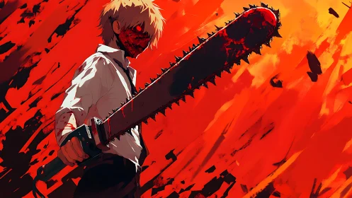 Bloodstained figure with chainsaw against red abstract field.