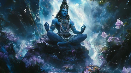 Divine blue yogi meditating amid luminous cosmic forest.