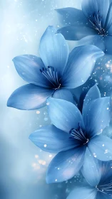 Blue flowers with bokeh light particles on soft gradient background