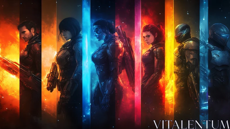 Futuristic armored soldiers aligned in segmented color bands.