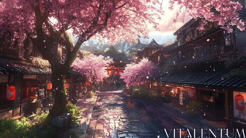 Cherry blossoms drift over a lantern-lit traditional street