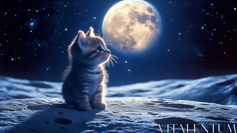 Kitten Gazes at Full Moon Under Starlit Sky.