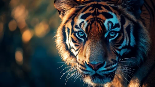 Fierce tiger gaze glows warmly against a dreamy forest hush
