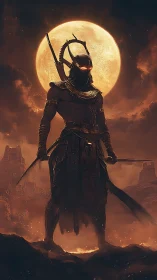 Armored desert warrior before full moon in burning dusk.