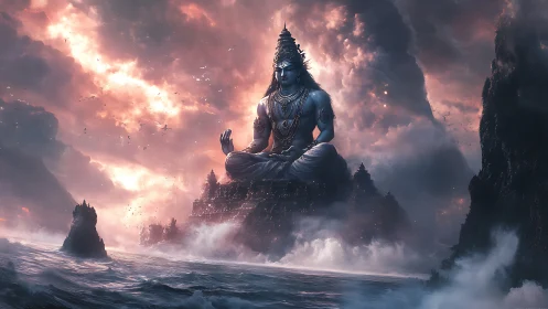 Colossal seated deity over oceanic temple and cliffs.
