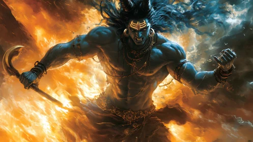 Fiery blue warrior strides through swirling storm and flame
