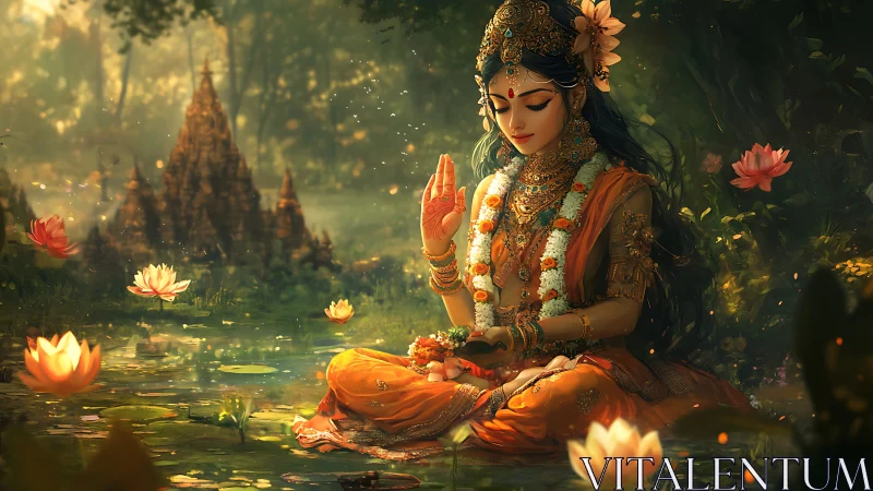 Divine woman meditating in lotus pond with golden temple glow.