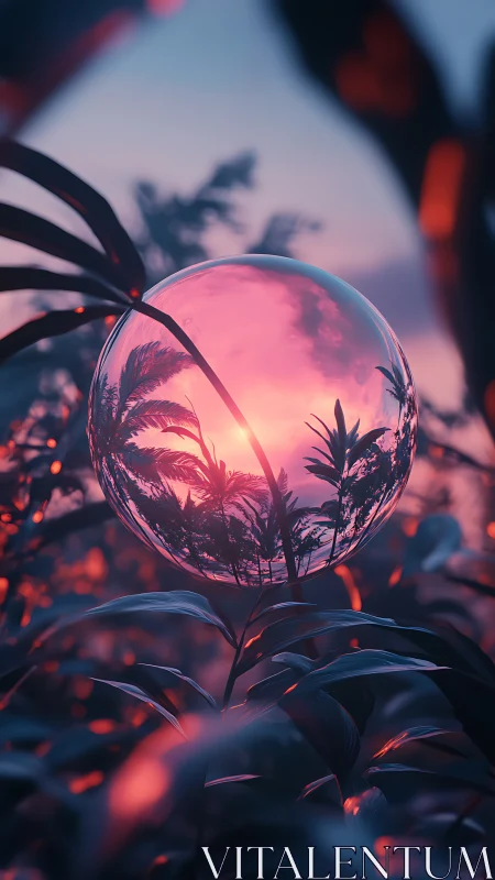 Spherical reflection among foliage at sunset in digital render.