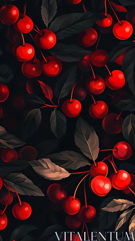 Crimson cherries glow against midnight leaves in velvety shadow.