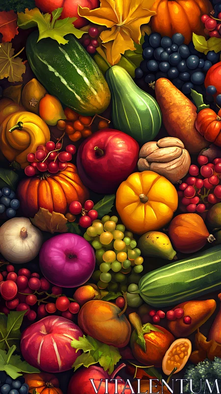 Vibrant autumn harvest still life with fruits and gourds.