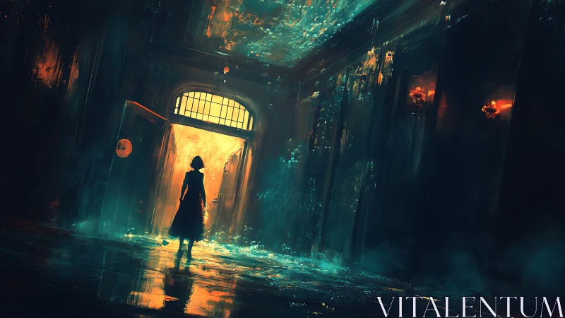 Silhouetted figure in glowing doorway of dark corridor.