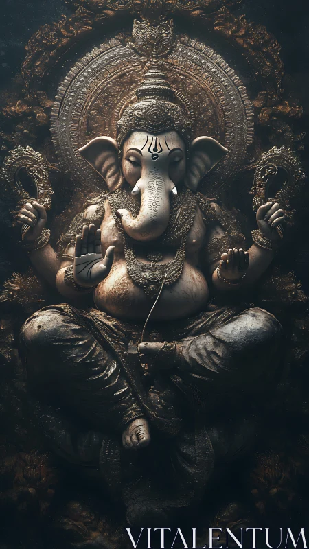 Ganesha idol glows in ornate bronze-lit spiritual stillness.