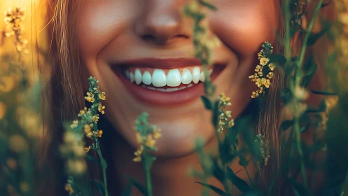 Sunlit smile glows through wildflowers at golden hour.