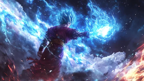 Blue-haired warrior projecting concentrated energy blast.