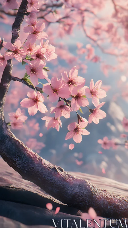 Pink blossoms on wooden branch against blurred floral backdrop.