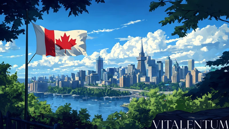 Sunny Canadian city skyline waves hello under blue skies