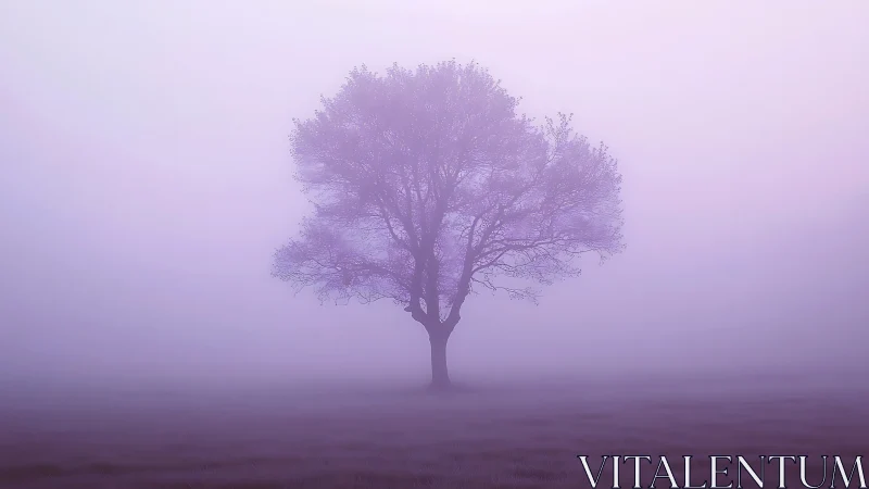 Solitary tree stands in dreamy violet morning fog.