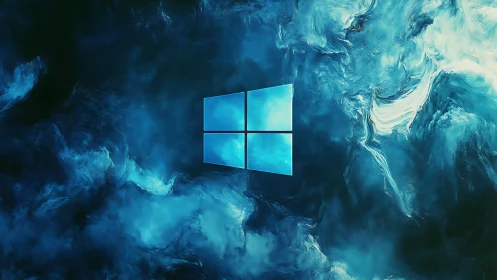 Windows-style quad logo in turbulent cyan digital nebula field.