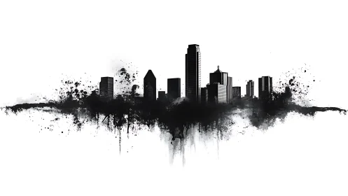 Monochrome urban skyline with ink-like splatter silhouettes.