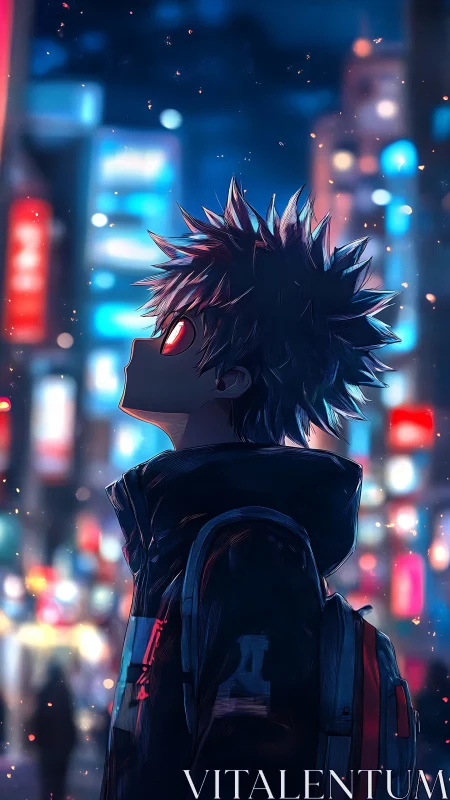 Neonlit anime boy in profile under defocused city lights
