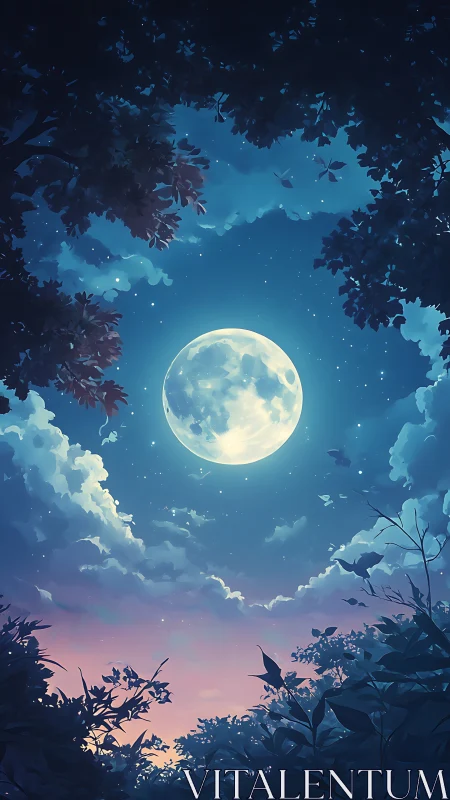 Moonlit forest window opening onto a peaceful night sky.