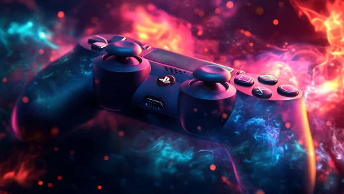 Glowing game controller rests in swirling neon fantasy light