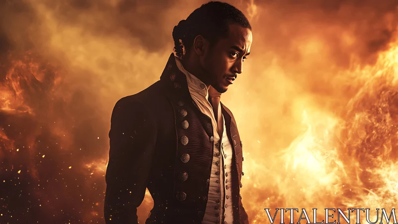 Regal officer silhouette against blazing inferno backdrop.