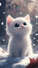 White Kitten With Blue Eyes in Snowy Setting