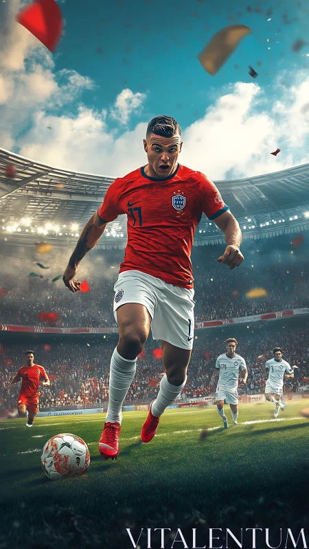 Soccer forward sprinting toward ball in crowded stadium.