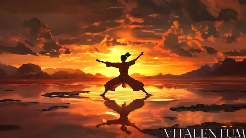 Martial artist silhouetted against high-saturation sunset sky