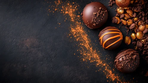 Chocolate truffles with cocoa powder on dark stone background.