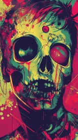Neon zombie portrait with splattered abstract gore.