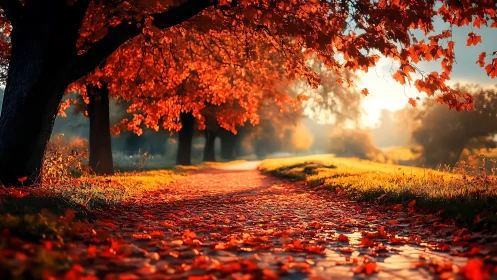 Photorealistic autumn avenue with luminous foliage canopy.