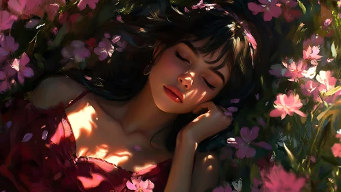 Soft sunlight cradles a resting girl in a dreamy flower bed