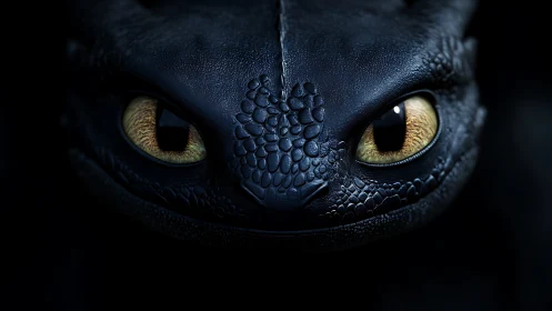 Close frontal view of black dragon face with detailed eyes.
