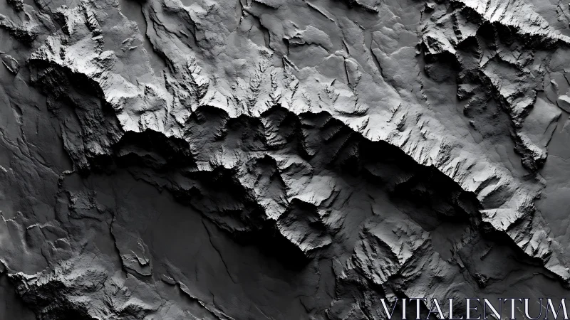 Monochrome relief rendering of stratified rock formations.