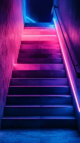 Neon-lit concrete staircase ascends into a saturated cyber void
